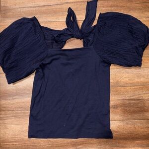 LOFT Navy Puff Sleeve Blouse